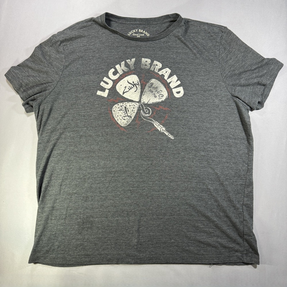 Lucky Brand Mens XXL T-Shirt Guitar Pick Clover Graphic Heather Gray Rock Tee